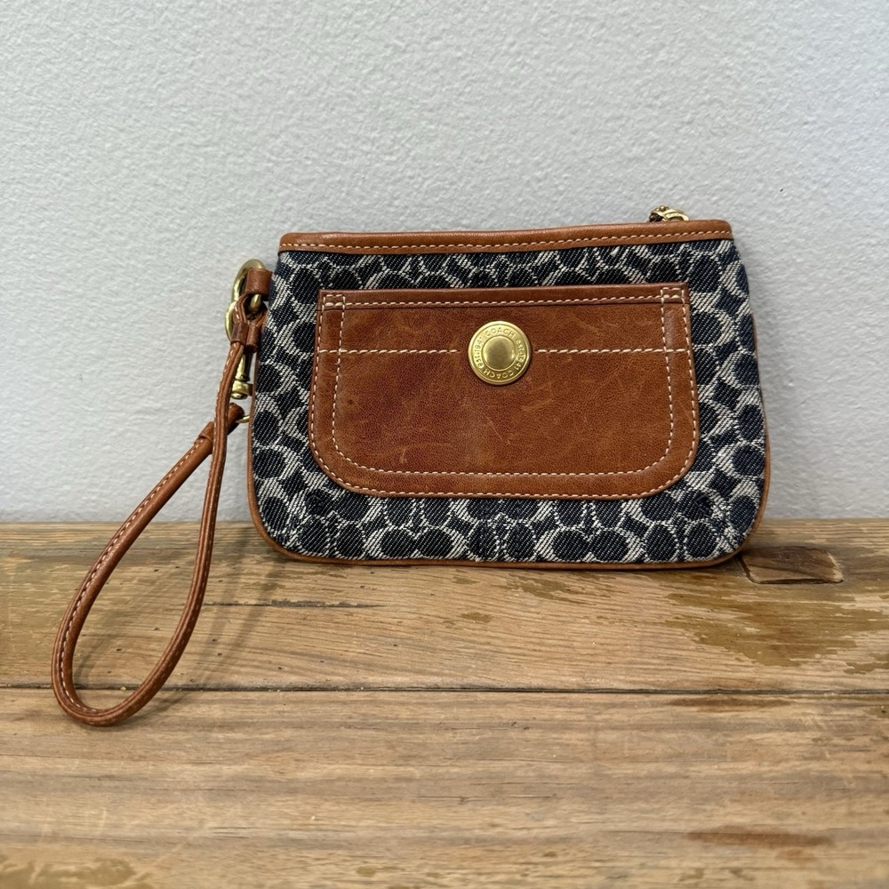 Coach Signature Denim Leather Wristlet Women Medium Blue Brown Excellent Y2K